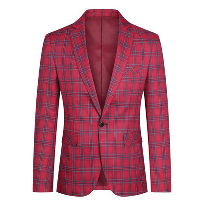 Men's Plaid Tartan 1-Button Blazer | Slim Fit Notched Lapel Tweed Jacket – Red & Blue Red