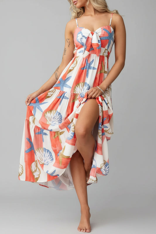 Seaside Smocked Tiered Maxi Dress – Sweetheart Neckline, Bow Tie Front, Spaghetti Strap Summer Sundress with High Slit CORAL MULTI
