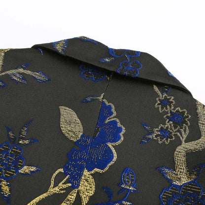 Men's One Button Notched Lapel Embroidered Blazer | Slim Fit Floral & Bird Print – Rose Red & Blue