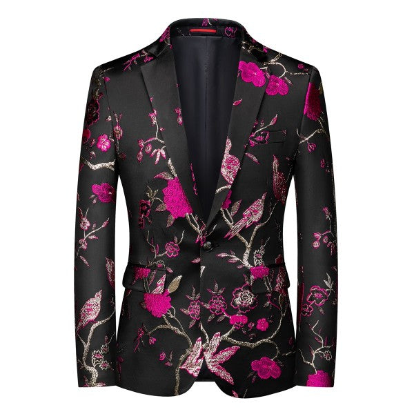 Men's One Button Notched Lapel Embroidered Blazer | Slim Fit Floral & Bird Print – Rose Red & Blue