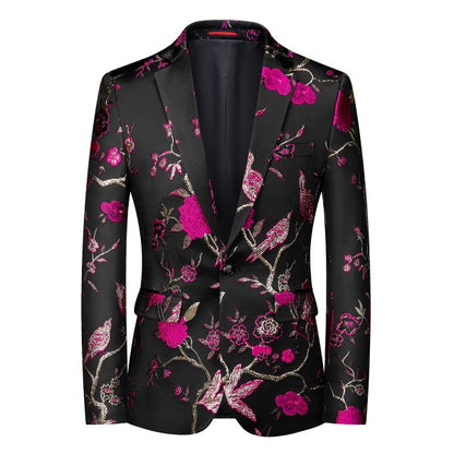 Men's One Button Notched Lapel Embroidered Blazer | Slim Fit Floral & Bird Print – Rose Red & Blue