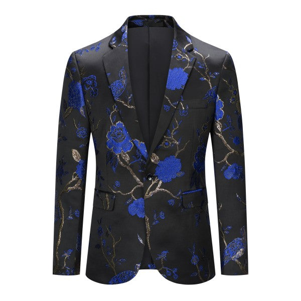 Men's One Button Notched Lapel Embroidered Blazer | Slim Fit Floral & Bird Print – Rose Red & Blue Blue XL