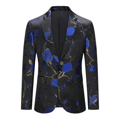 Men's One Button Notched Lapel Embroidered Blazer | Slim Fit Floral & Bird Print – Rose Red & Blue Blue XL