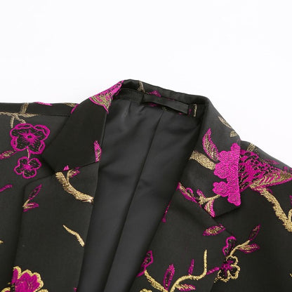 Men's One Button Notched Lapel Embroidered Blazer | Slim Fit Floral & Bird Print – Rose Red & Blue
