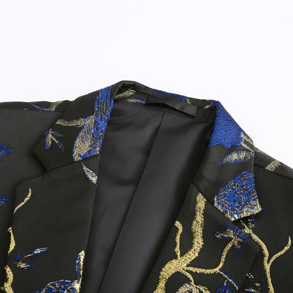 Men's One Button Notched Lapel Embroidered Blazer | Slim Fit Floral & Bird Print – Rose Red & Blue