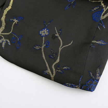 Men's One Button Notched Lapel Embroidered Blazer | Slim Fit Floral & Bird Print – Rose Red & Blue