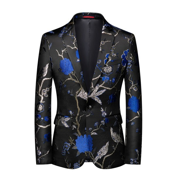 Men's One Button Notched Lapel Embroidered Blazer | Slim Fit Floral & Bird Print – Rose Red & Blue