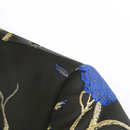 Men's One Button Notched Lapel Embroidered Blazer | Slim Fit Floral & Bird Print – Rose Red & Blue