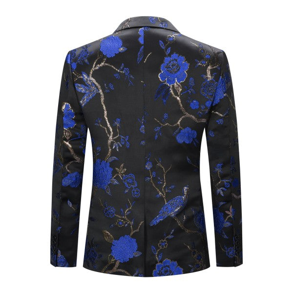Men's One Button Notched Lapel Embroidered Blazer | Slim Fit Floral & Bird Print – Rose Red & Blue