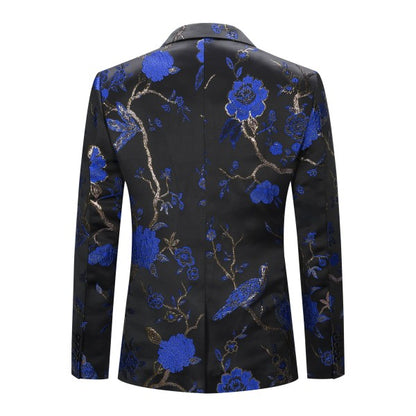 Men's One Button Notched Lapel Embroidered Blazer | Slim Fit Floral & Bird Print – Rose Red & Blue