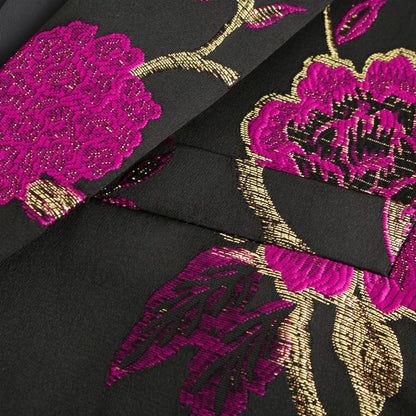 Men's One Button Notched Lapel Embroidered Blazer | Slim Fit Floral & Bird Print – Rose Red & Blue