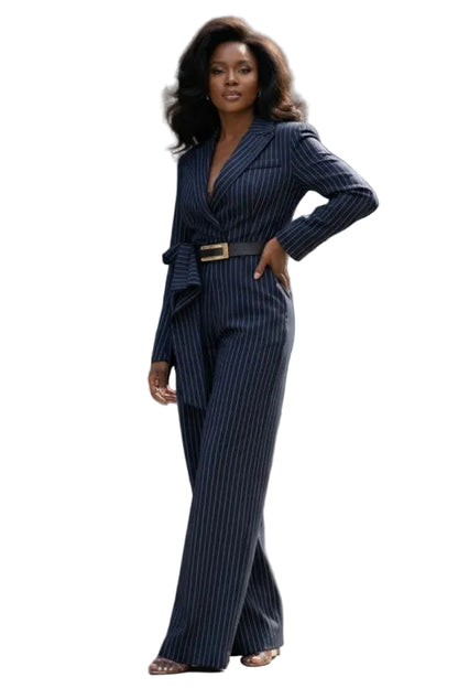 Pinstripe Tailored Belted Jumpsuit Navy WHITE S