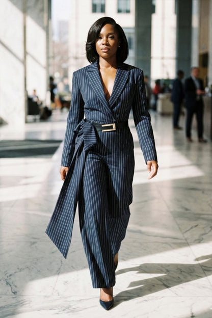Pinstripe Tailored Belted Jumpsuit