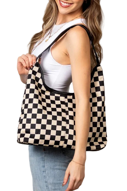 Mixed Media Hobo Bag – Check Print Black Check OneSize