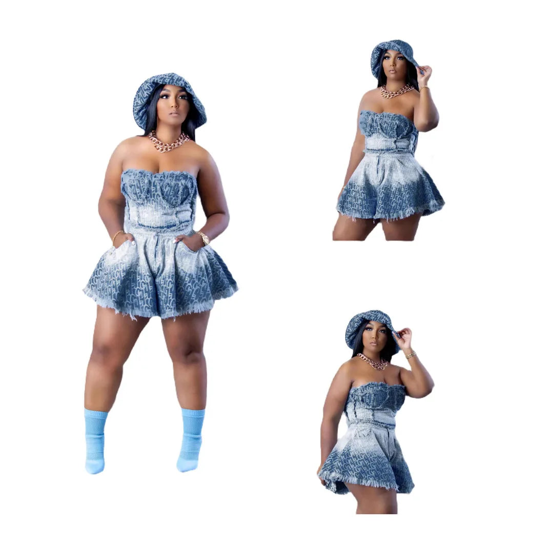 Denim Strapless Halter Top Print Ensemble and Backless Pockets Hem Skirt Set