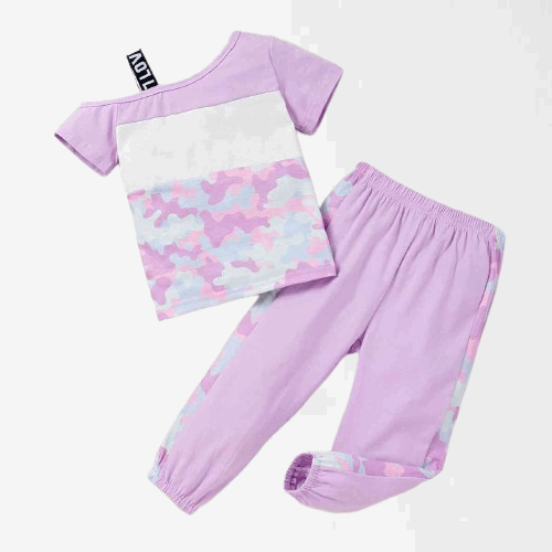 Little Girls Color Block Asymmetrical Neck Top and Joggers Set - Lavender
