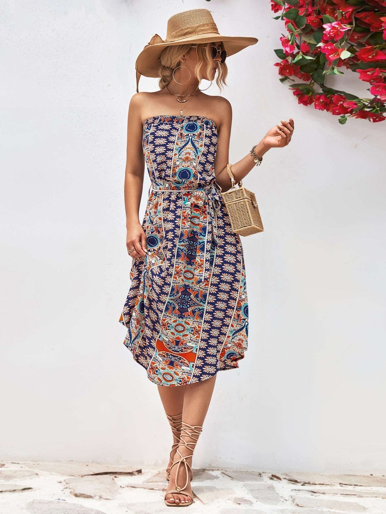 Printed Strapless Tie Belt Dress