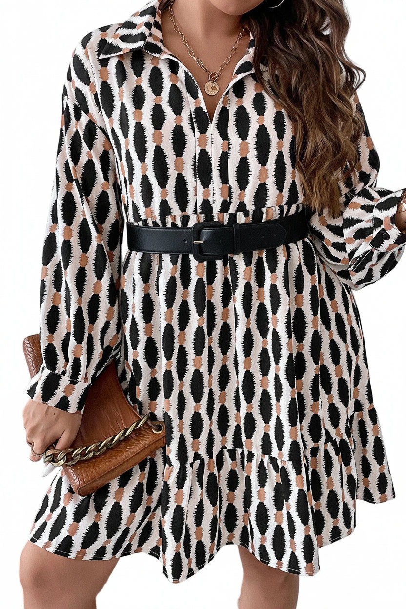Apricot Geometric Print Collared V Neck Plus Size Mini Dress