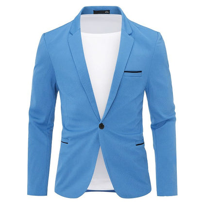 Men's Solid Color 1-Button Blazer | Notched Lapel Jetted Pocket Suit Jacket Sky Blue S