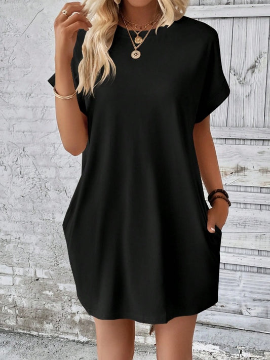 Women's Pocketed Round Neck Short Sleeve Mini Dress