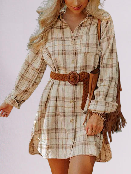 Women's Plaid Collared Neck Long Sleeve Mini Shirt Dress