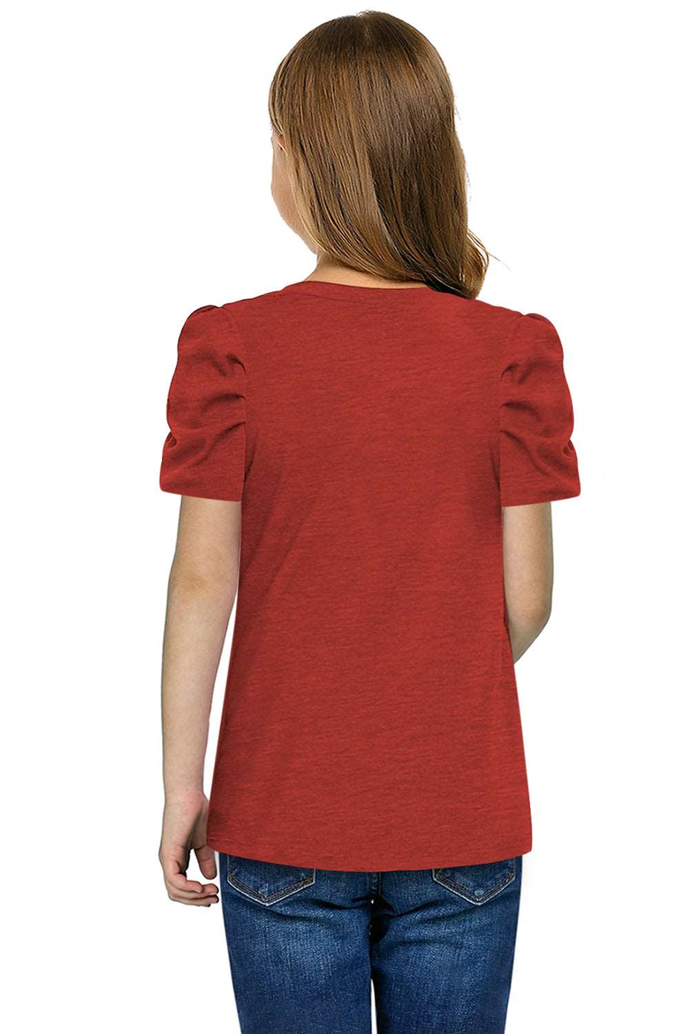 Girls Round Neck Puff Sleeve Blouse, deep red, back view