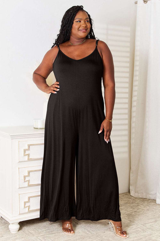 Double Take Plus-Size Soft Rayon Spaghetti Strap Tied Wide Leg Jumpsuit