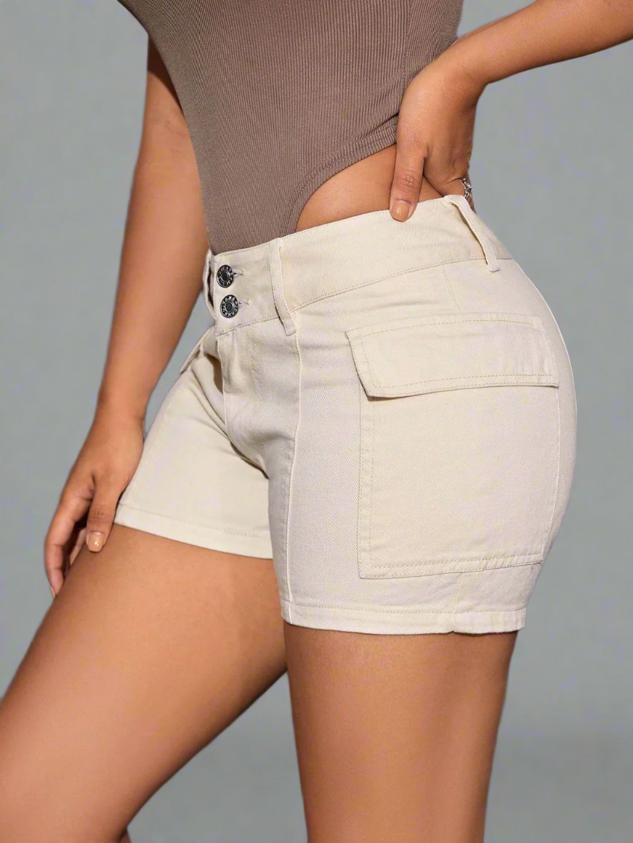 Mid-Rise Waist Denim Shorts with Pockets