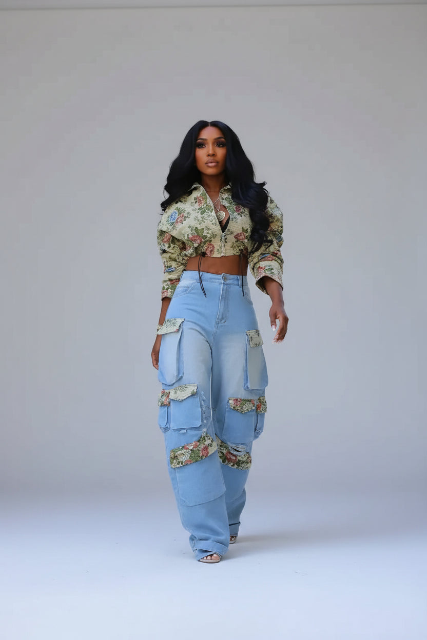 Washed Denim Floral Patchwork Jacket & Cargo Jeans | 2-Piece Denim Set Sets S