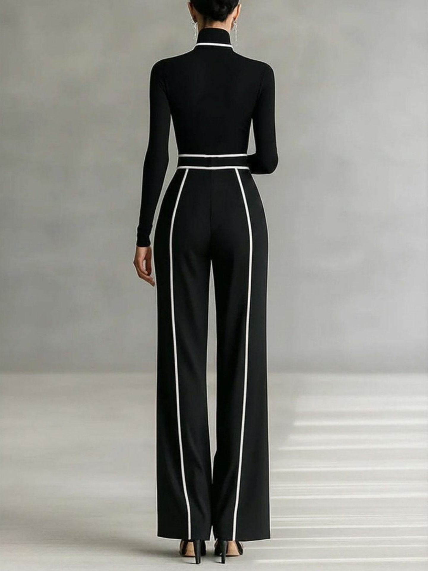 Elegant Stand Collar Contrast Binding Knit Set – Two-Piece Wide-Leg Trouser Suit