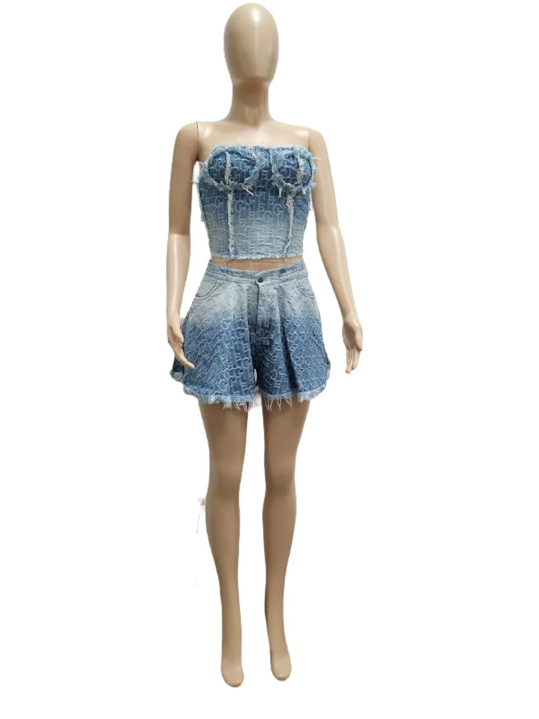 Denim Strapless Halter Top Print Ensemble and Backless Pockets Hem Skirt Set