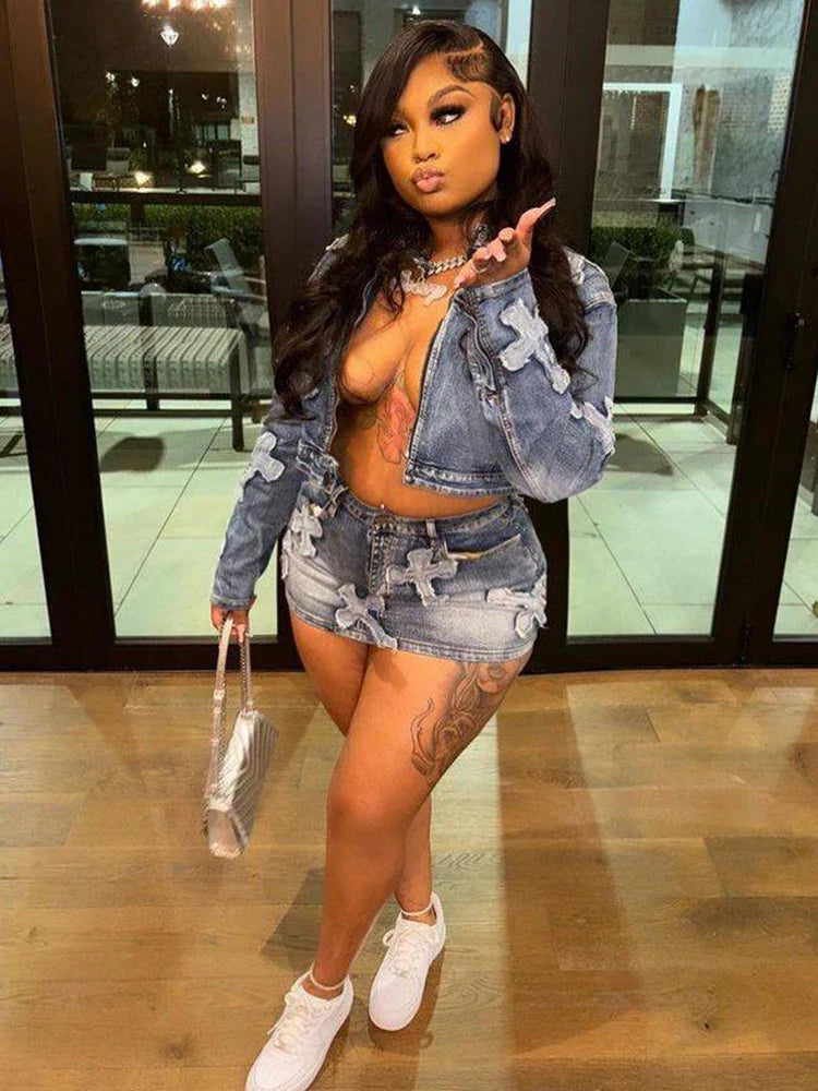 Women's Embroidered Denim Cargo Outfit - Full Sleeve Jacket & Pants