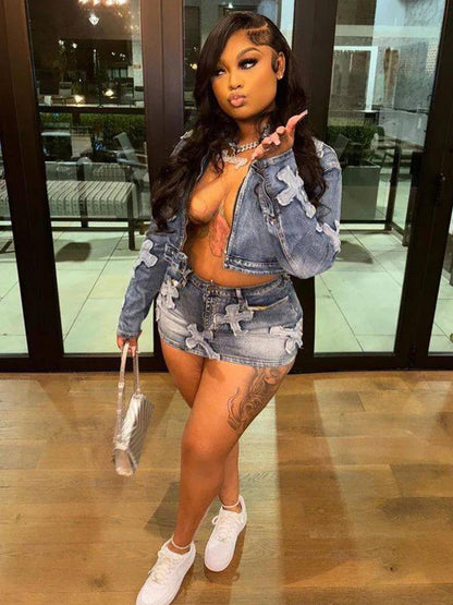 Women's Embroidered Denim Cargo Outfit - Full Sleeve Jacket & Pants