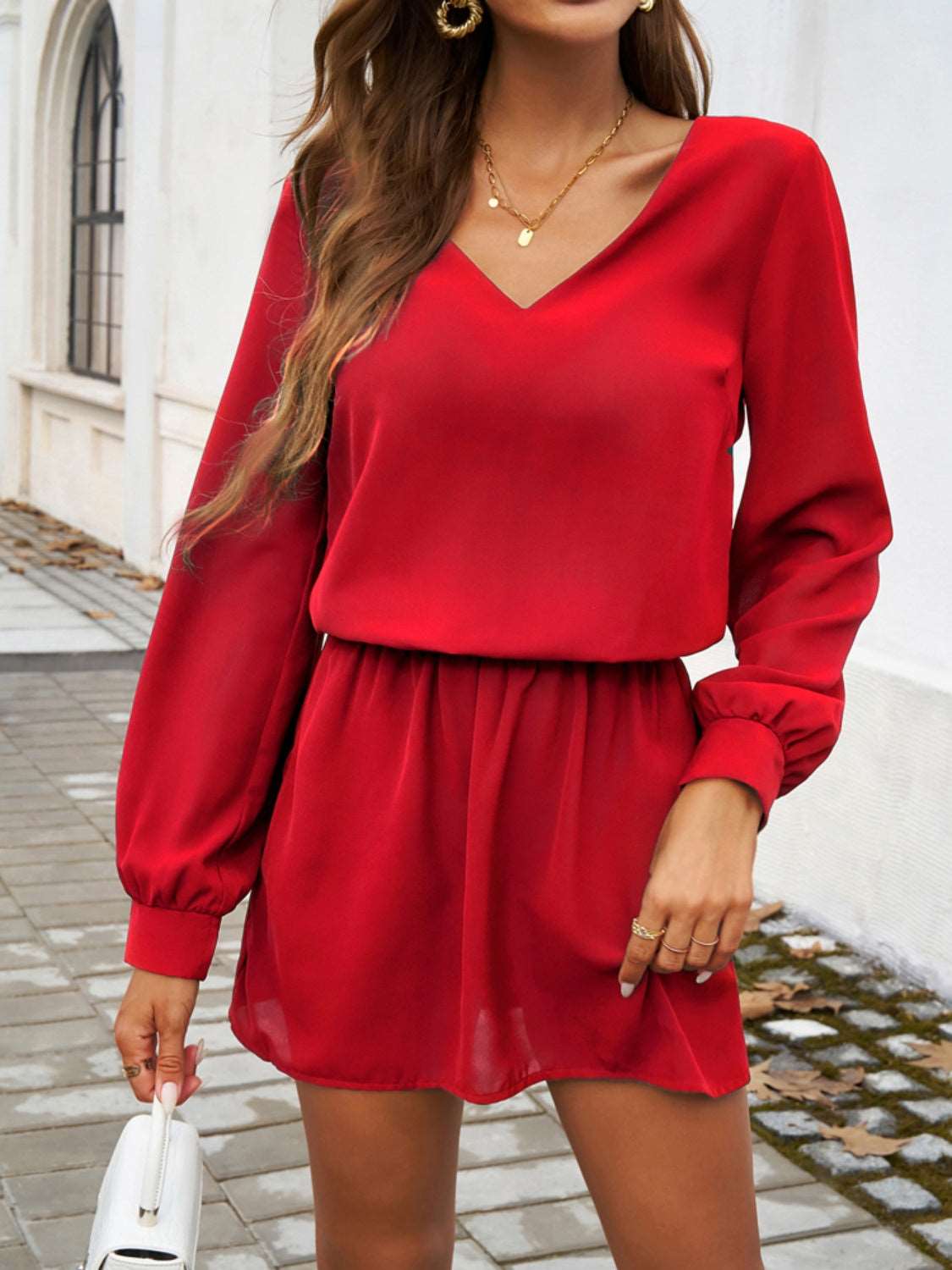 Elegant Cutout V-Neck Long Sleeve Mini Dress