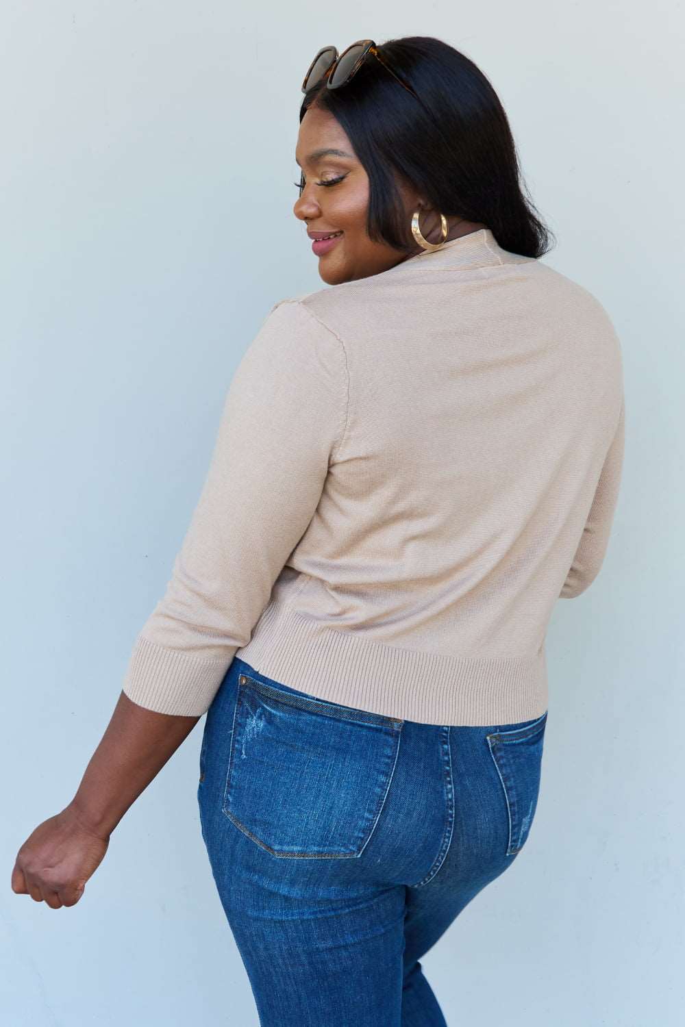 Ninexis - Doublju My Favorite Plus Size 3/4 Sleeve Cropped Cardigan in Khaki