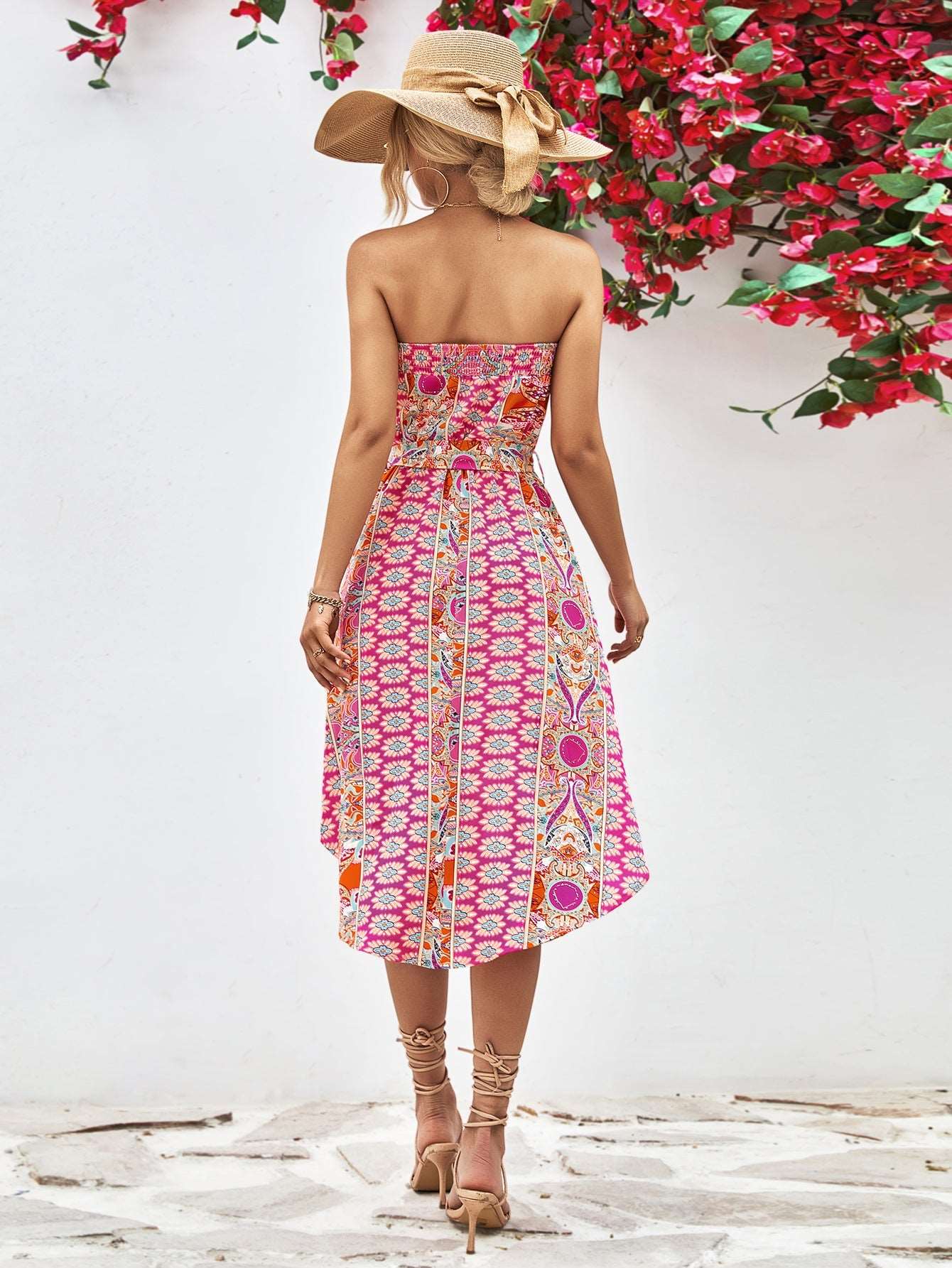 Printed Strapless Tie Belt Dress - Pink