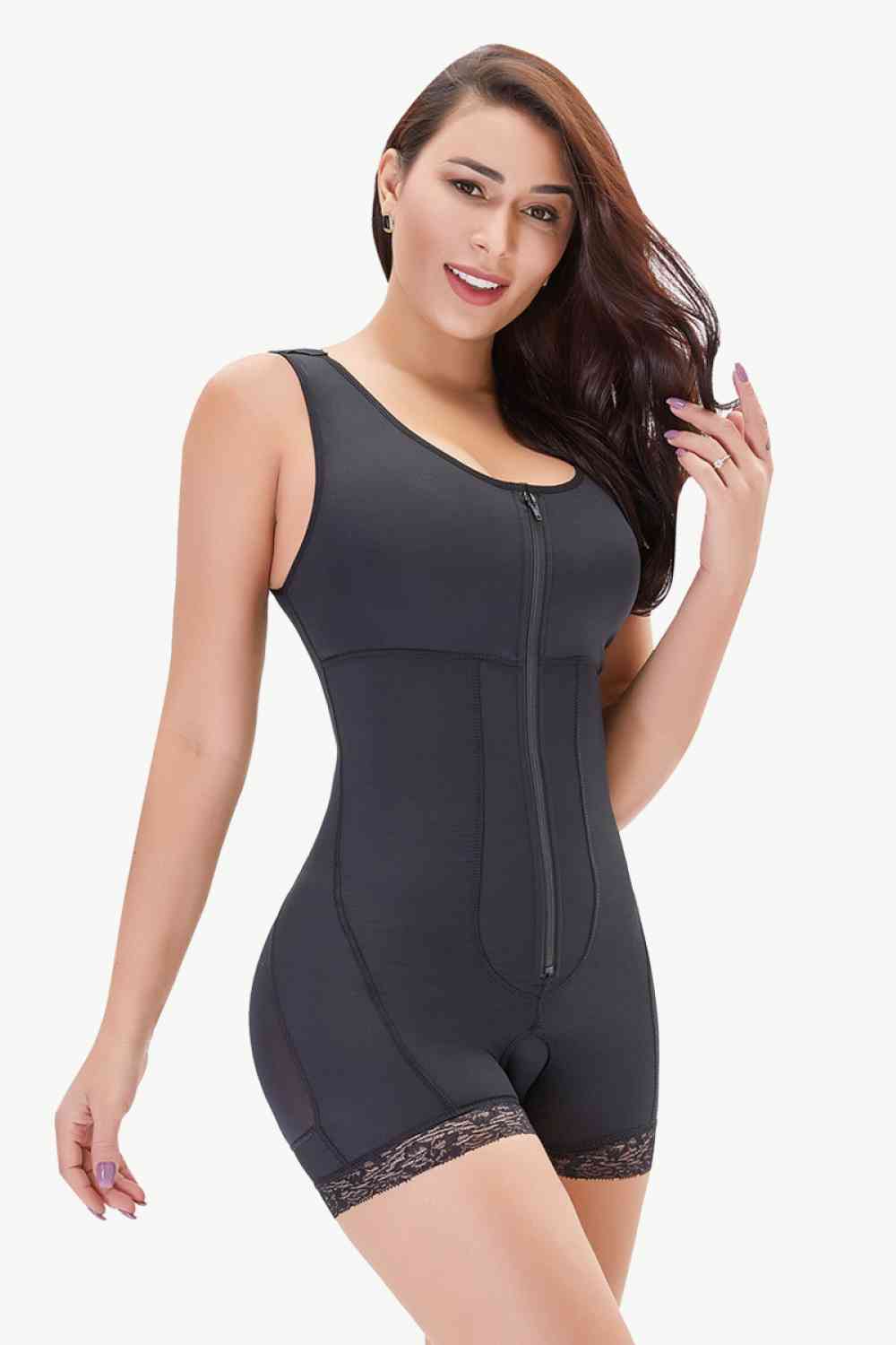 Women's Zip-Up Scoop Neck Lace Trim Shapewear