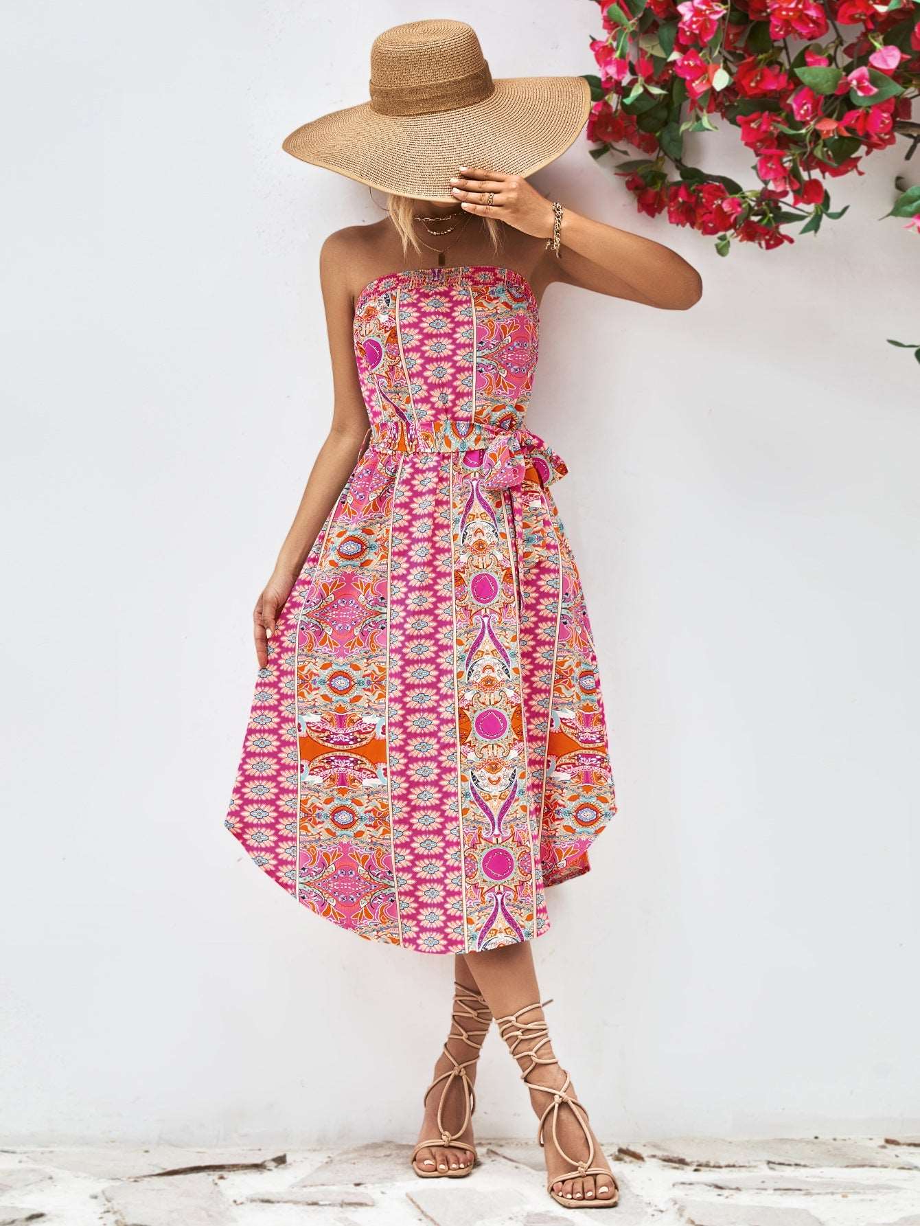 Printed Strapless Tie Belt Dress - Pink