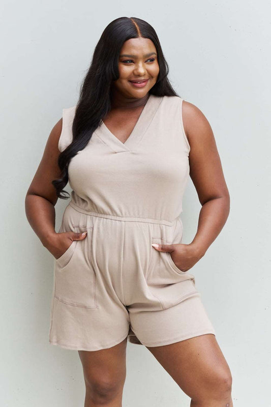 Zenana Forever Yours Plus Size V-Neck Sleeveless Romper in Sand