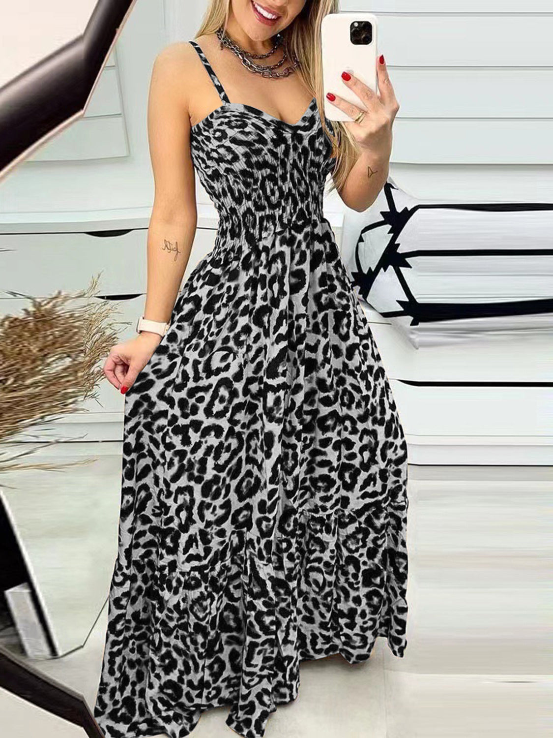 Women's Leopard Sweetheart Neck Cami Maxi Dress