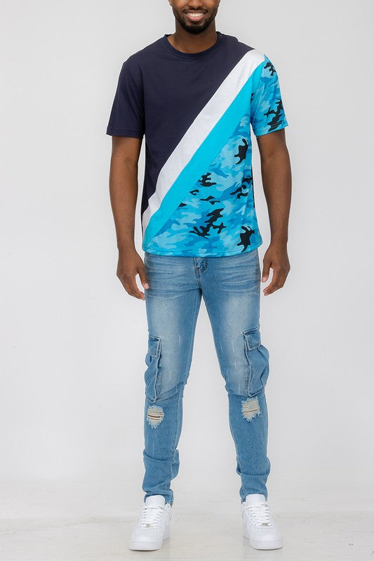Men's Short Sleeve Camo Color Block T-Shirt Navy