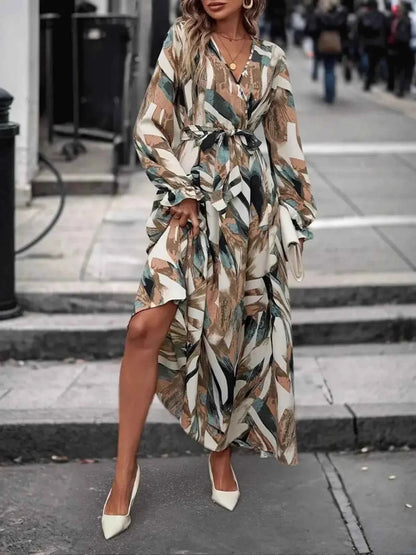 The Printed Surplice Flounce Sleeve Maxi Dress – Self-Tie Belt, Camel & Red, S–XL Camel L