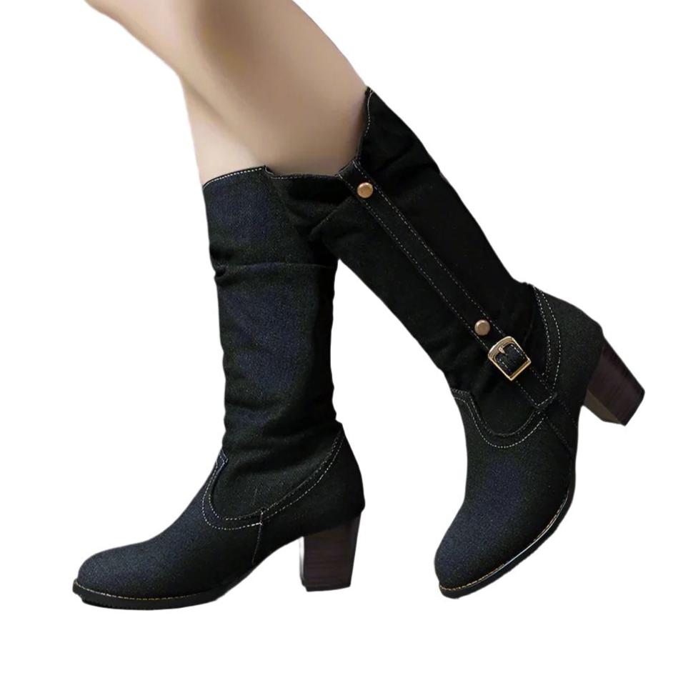 Women's Mid-Calf High Heels Denim Boots