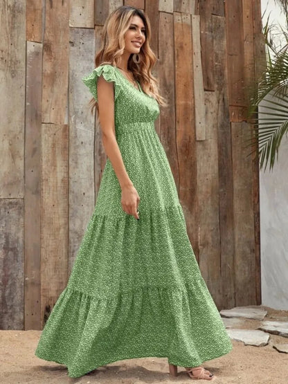 The Printed V-Neck Ruffle Sleeve Maxi Dress – 4 Colors, Sizes S–2XL