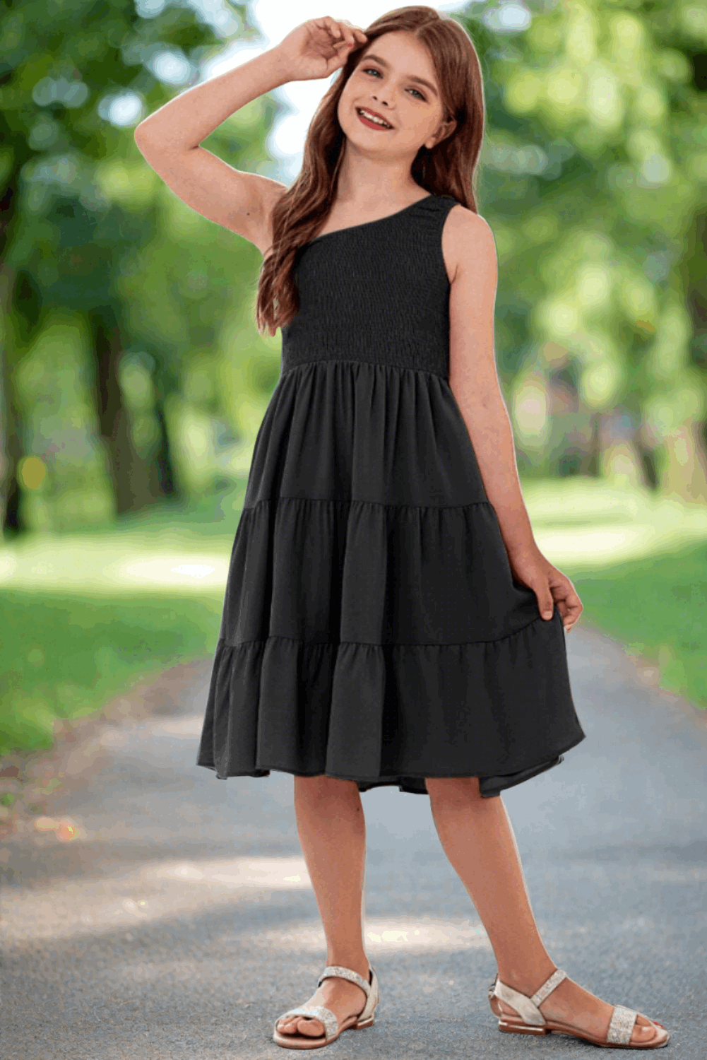 Girls One-Shoulder Sleeveless Tiered Dress