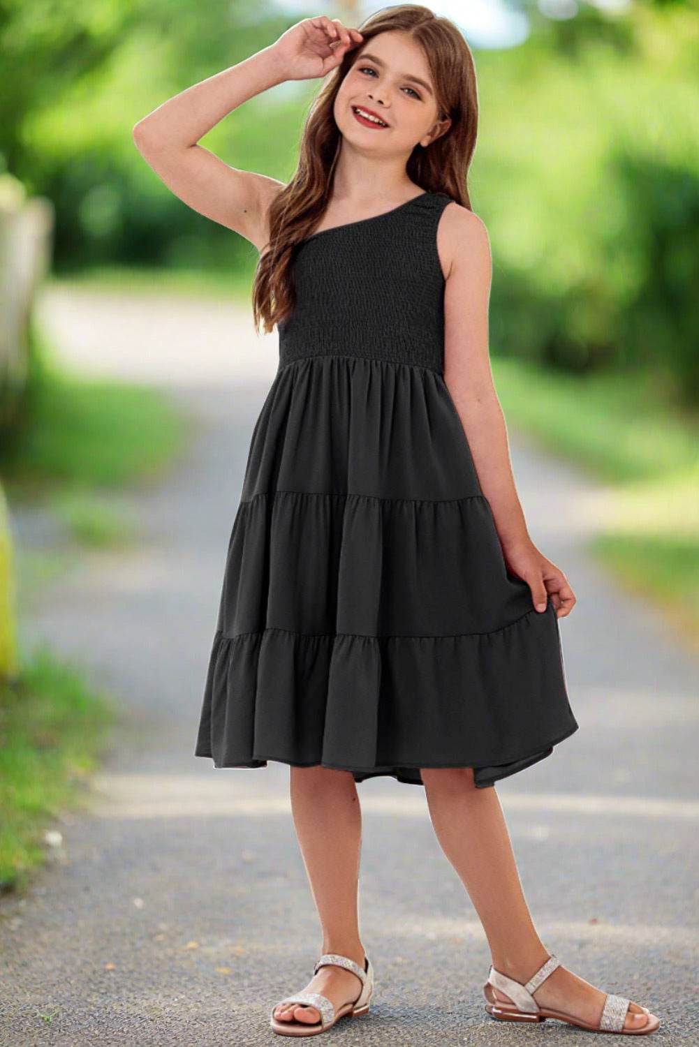 Girls One-Shoulder Sleeveless Tiered Dress