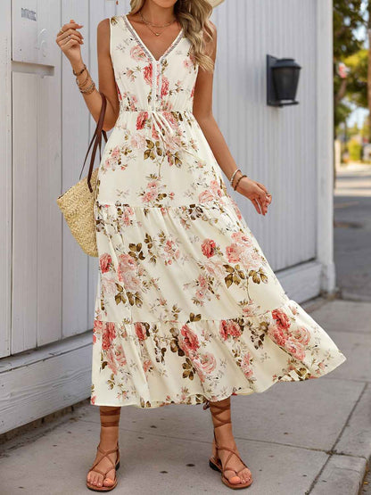 The Printed Ruffled Hem V-Neck Dress – Sleeveless, Cream, Sizes S–XL