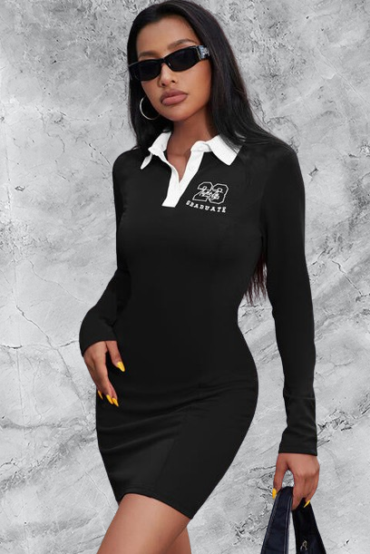 Women's Graphic Collared Long Sleeve Mini Dress - Black