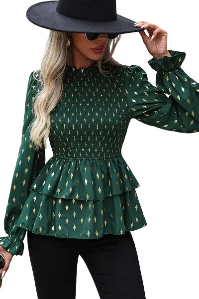 Smocked Flounce Sleeve Layered Blouse