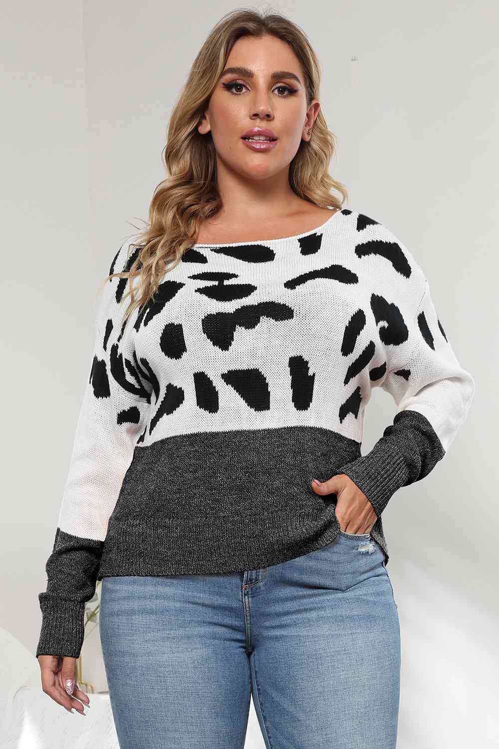 Top tipo suéter de manga larga con estampado de leopardo y cuello redondo de talla grande - 3 colores